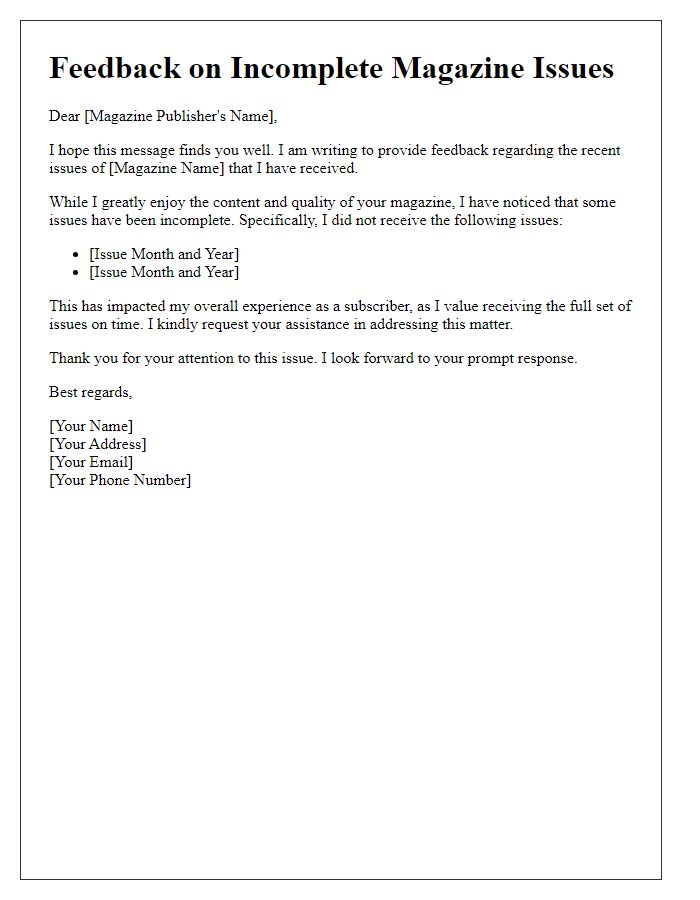 Letter template of feedback on incomplete magazine issues