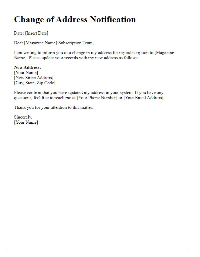 Letter template of notification for change of address for magazine subscription