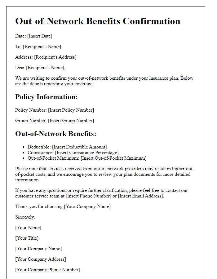 Letter template of out-of-network benefits confirmation.