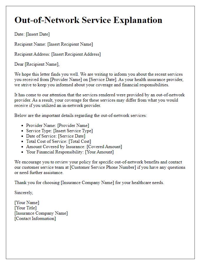 Letter template of out-of-network service explanation.