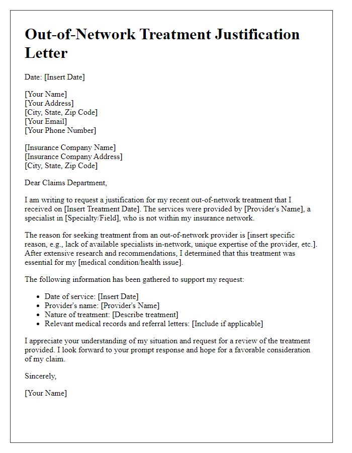 Letter template of out-of-network treatment justification.