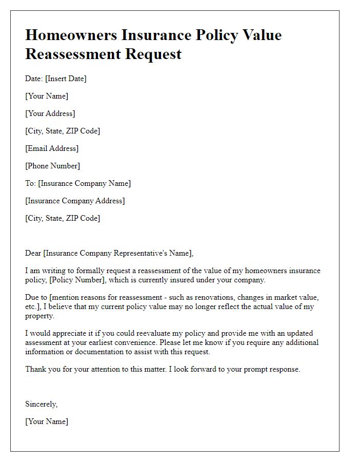 Letter template of homeowners insurance policy value reassessment request