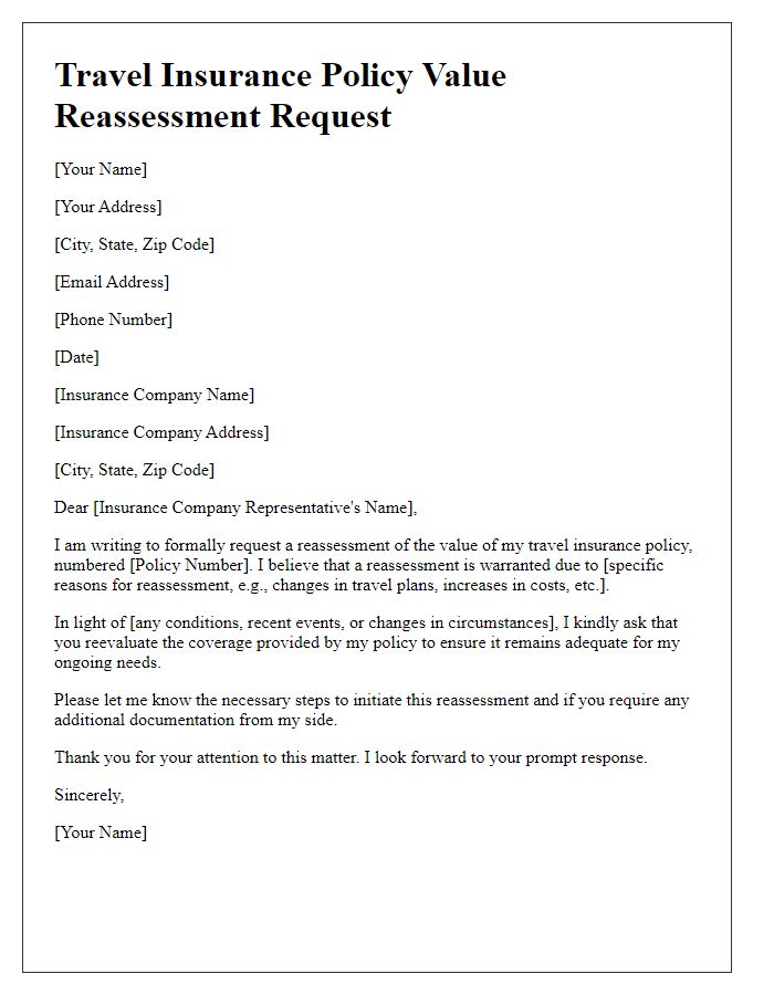 Letter template of travel insurance policy value reassessment request