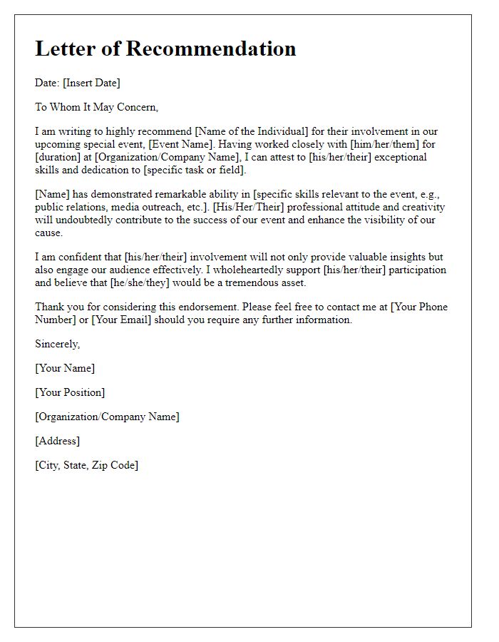 Letter template of recommendation for special event press involvement