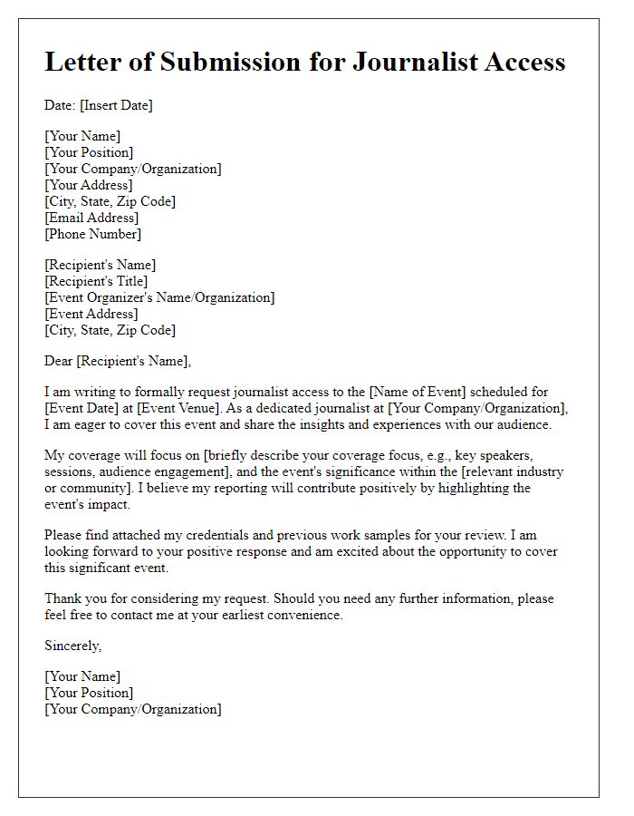 Letter template of submission for special event journalist access