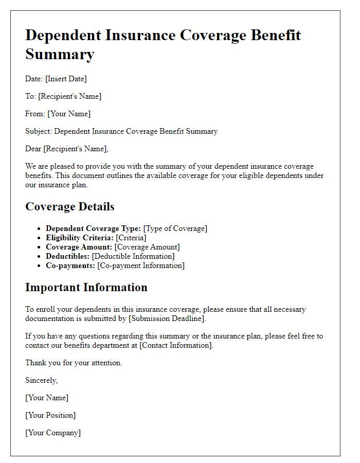 Letter template of dependents insurance coverage benefit summary