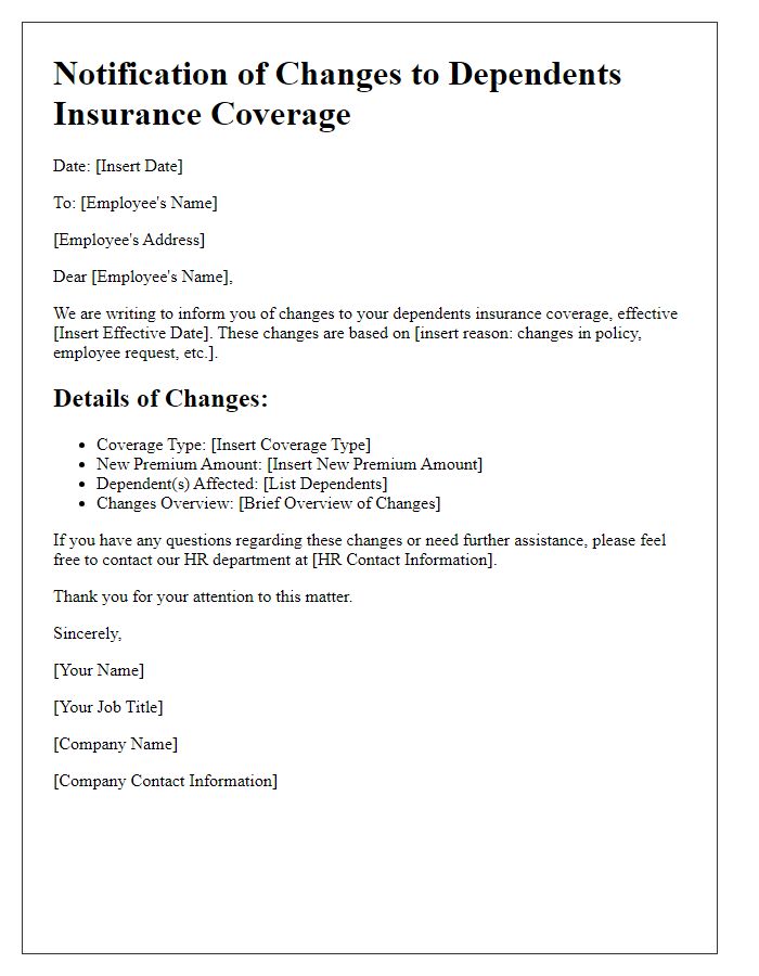 Letter template of dependents insurance coverage changes notification