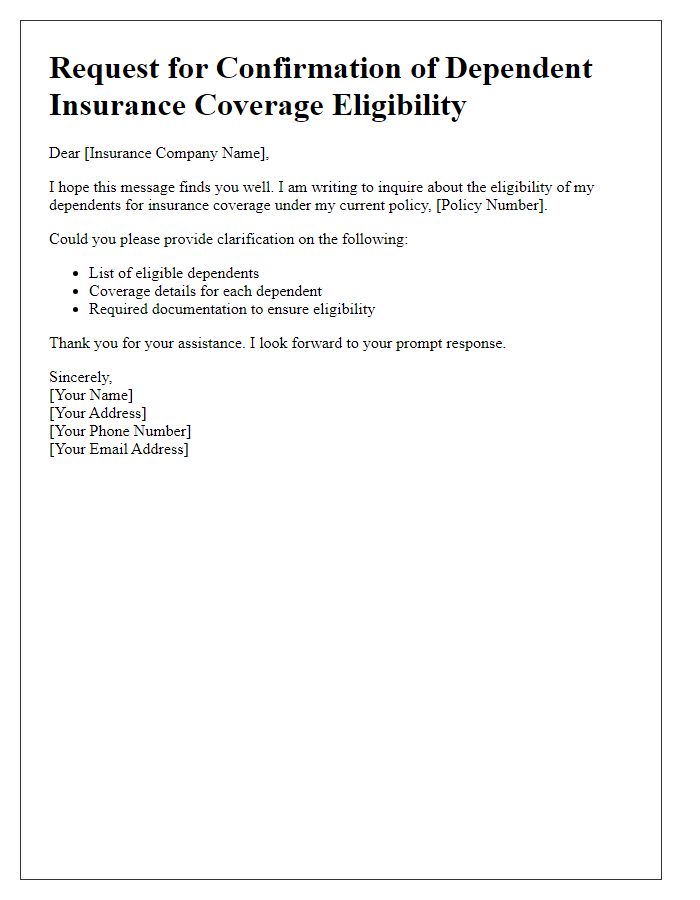 Letter template of dependents insurance coverage eligibility inquiry