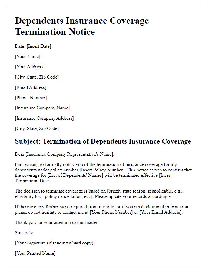 Letter template of dependents insurance coverage termination notice