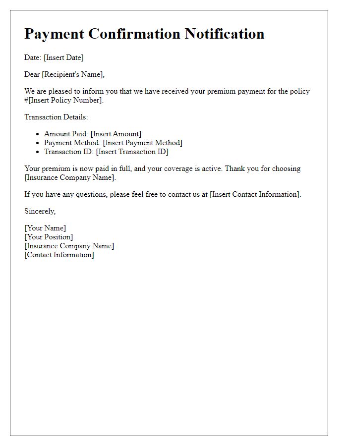 Letter template of notification confirming premium payment