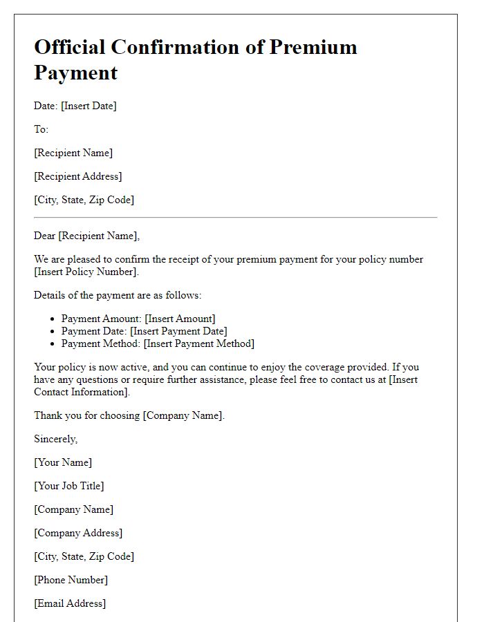 Letter template of official confirmation of premium payment