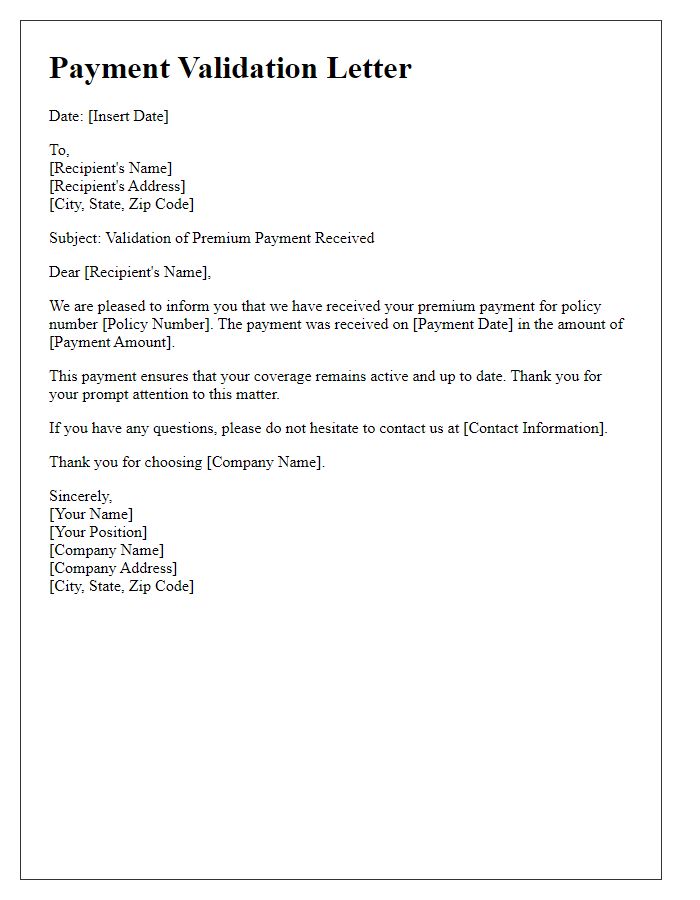 Letter template of validation for premium payment received