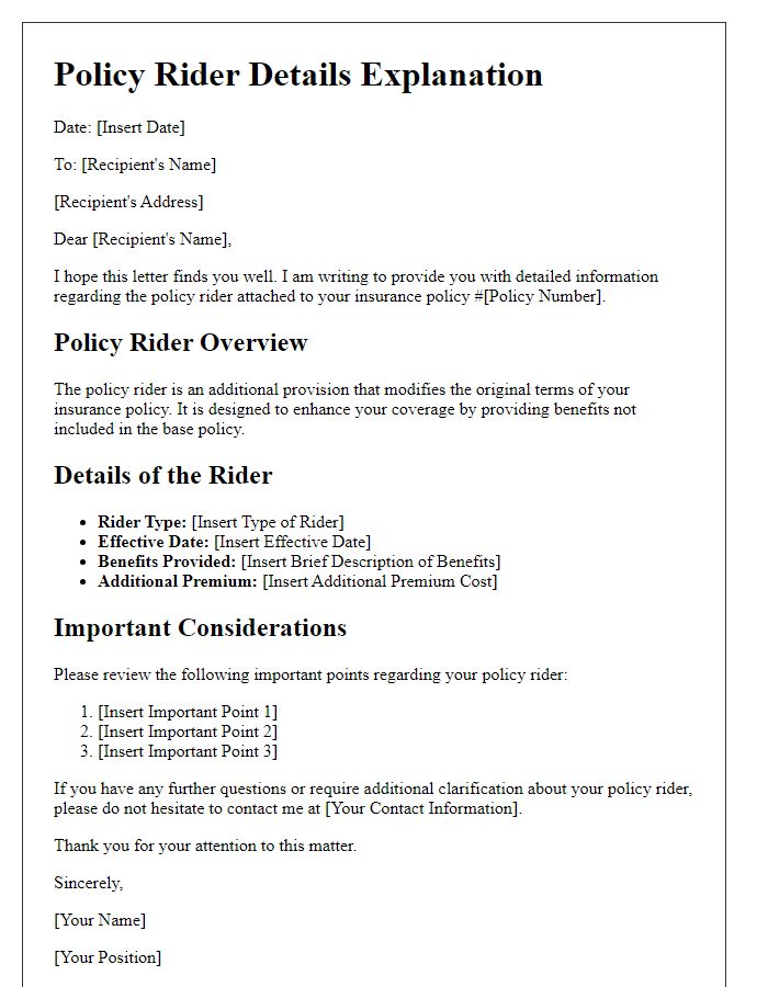 Letter template of explanation for policy rider details