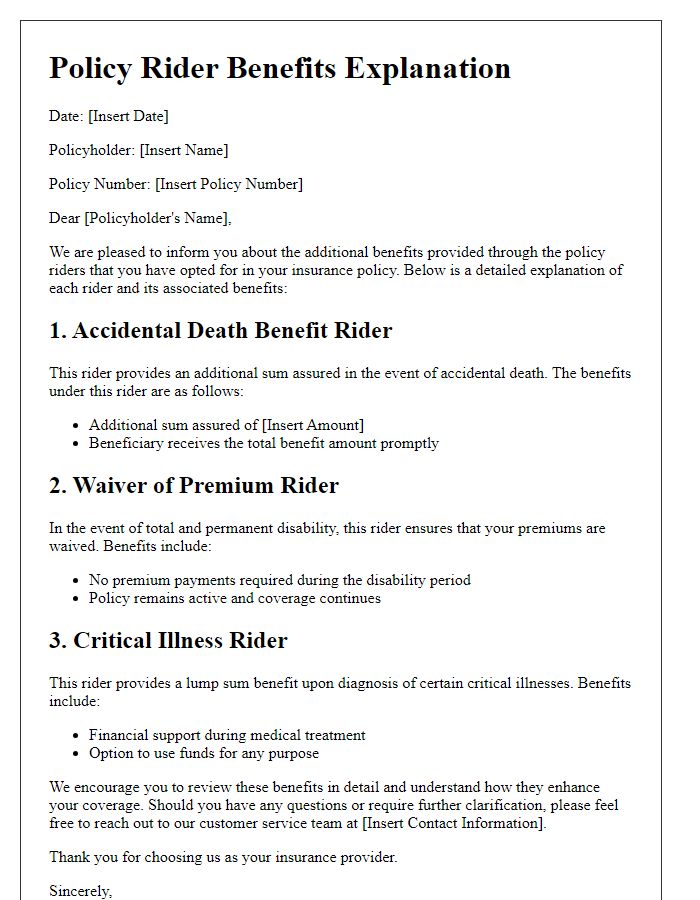 Letter template of policy rider benefits explanation