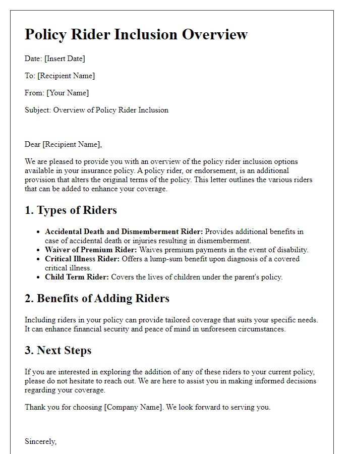 Letter template of policy rider inclusion overview