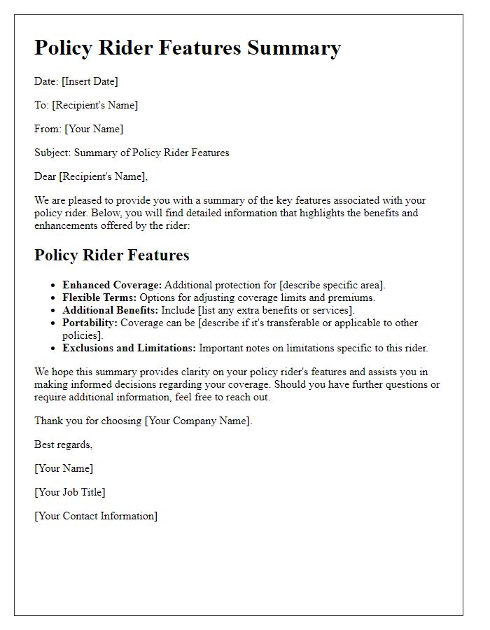 Letter template of summary for policy rider features