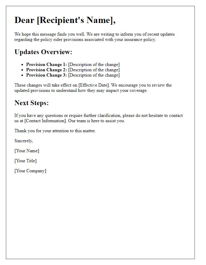 Letter template of updates on policy rider provisions