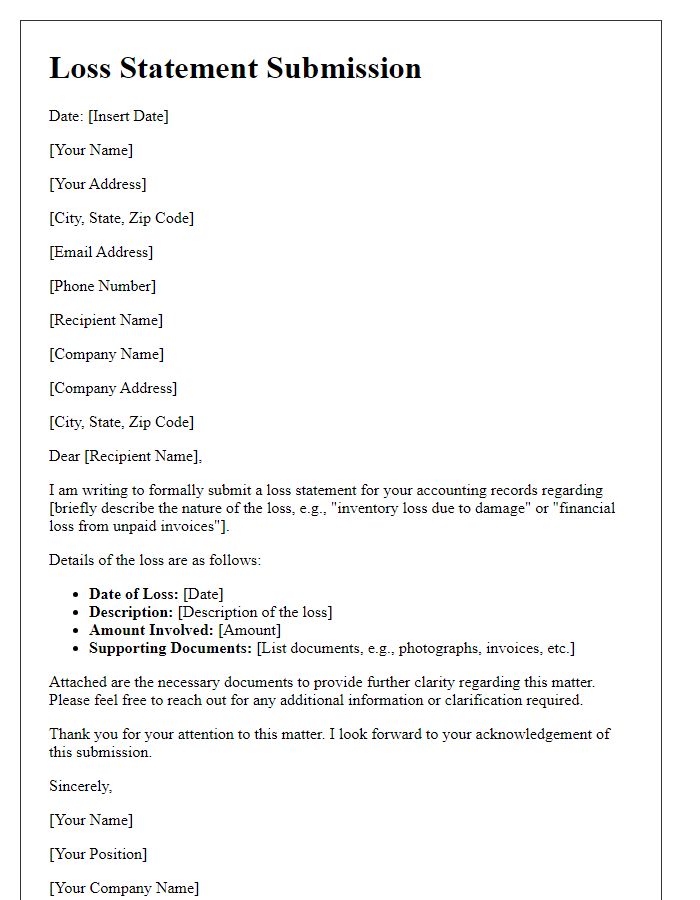 Letter template of loss statement submission for accounting records