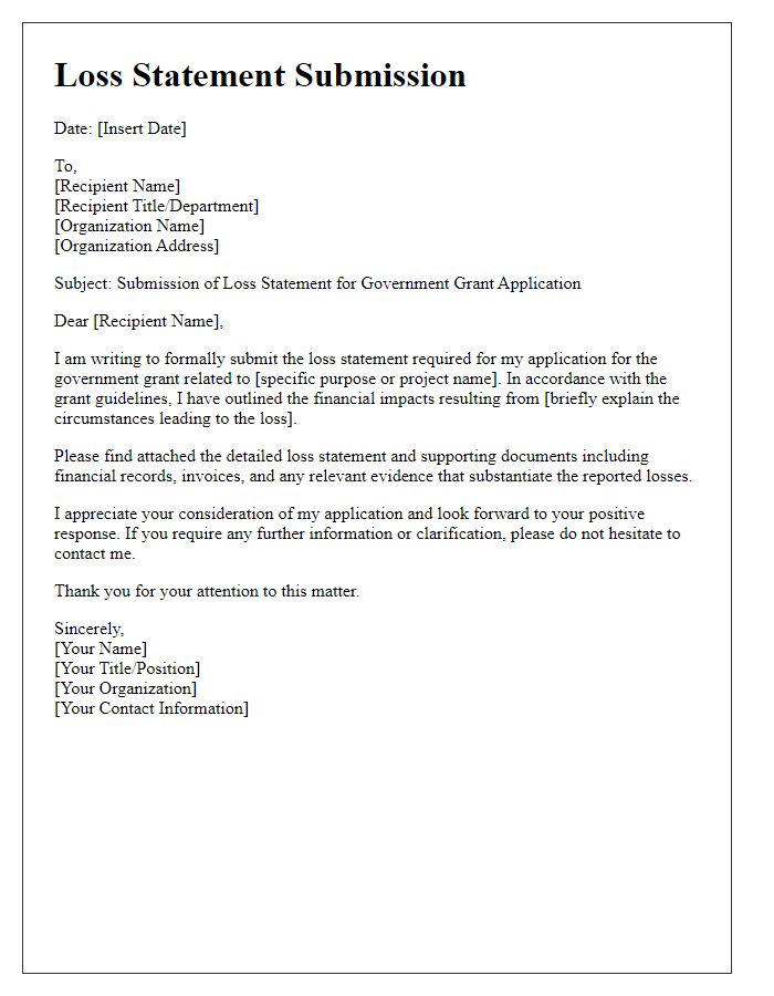 Letter template of loss statement submission for government grants