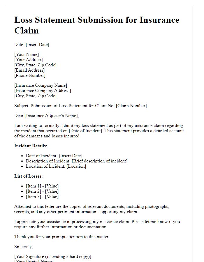 Letter template of loss statement submission for insurance claims