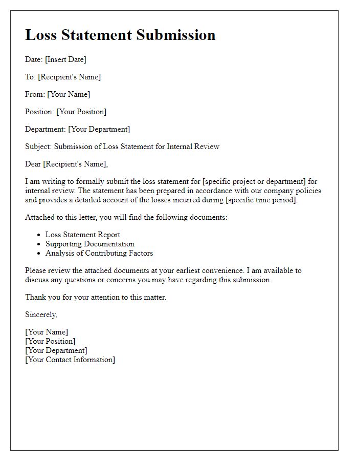 Letter template of loss statement submission for internal company review