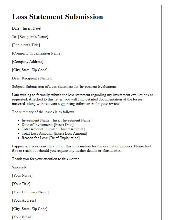 Letter template of loss statement submission for investment evaluations