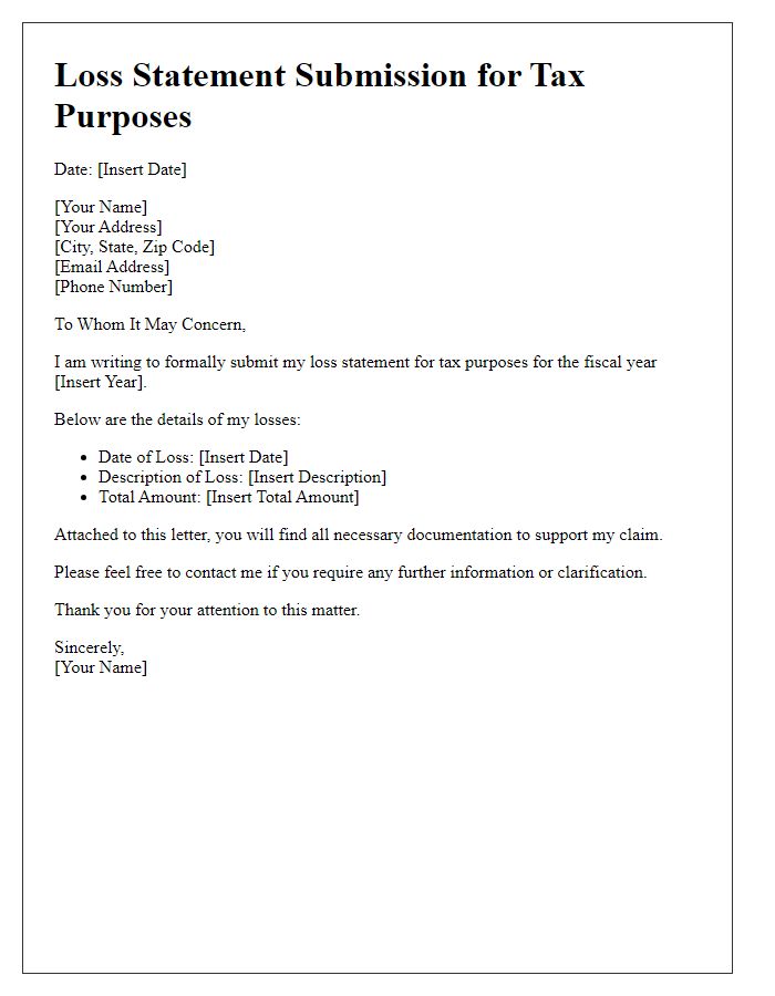 Letter template of loss statement submission for tax purposes