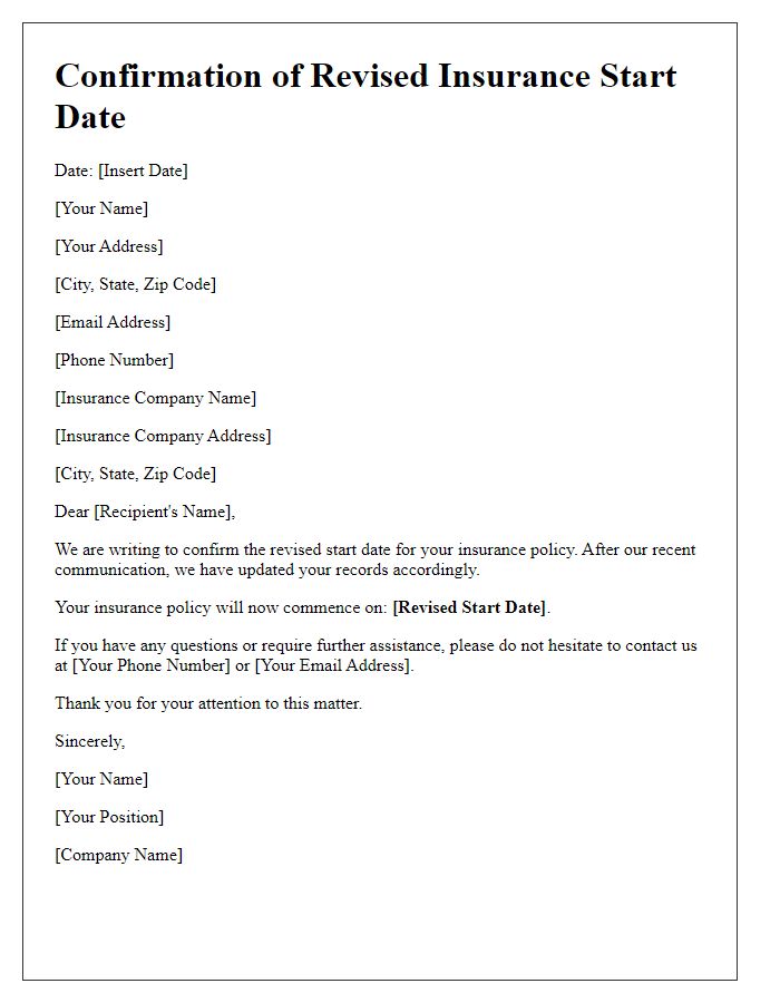 Letter template of confirmation for revised insurance start date.