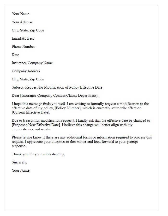 Letter template of modification request for policy effective date.