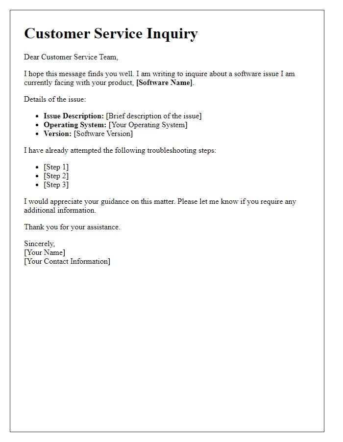 Letter template of software customer service inquiry