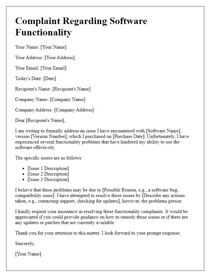 Letter template of software functionality complaint