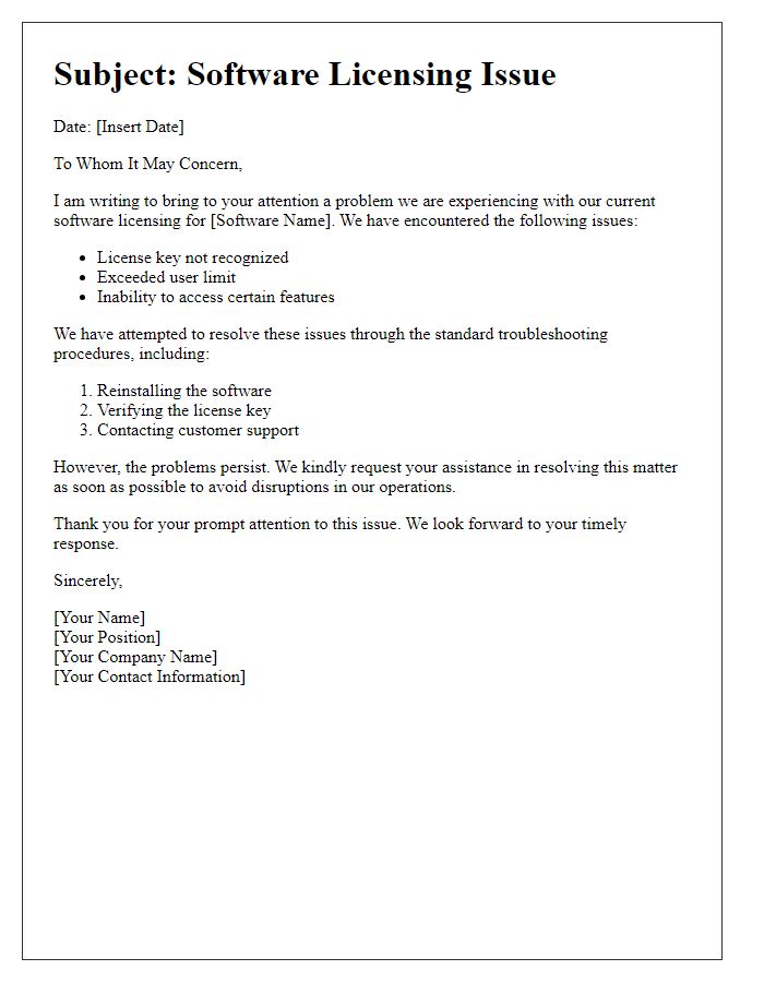 Letter template of software licensing problem