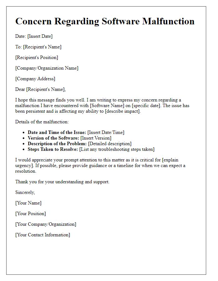 Letter template of software malfunction concern