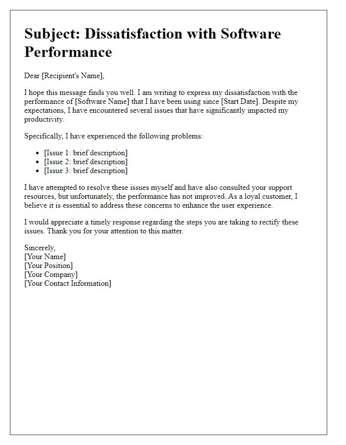 Letter template of software performance dissatisfaction