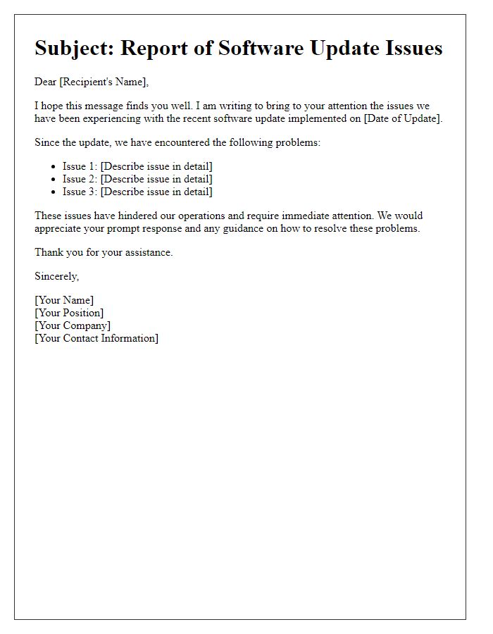 Letter template of software update issues
