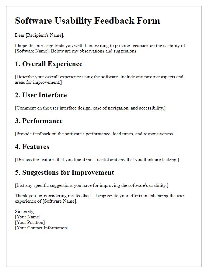 Letter template of software usability feedback