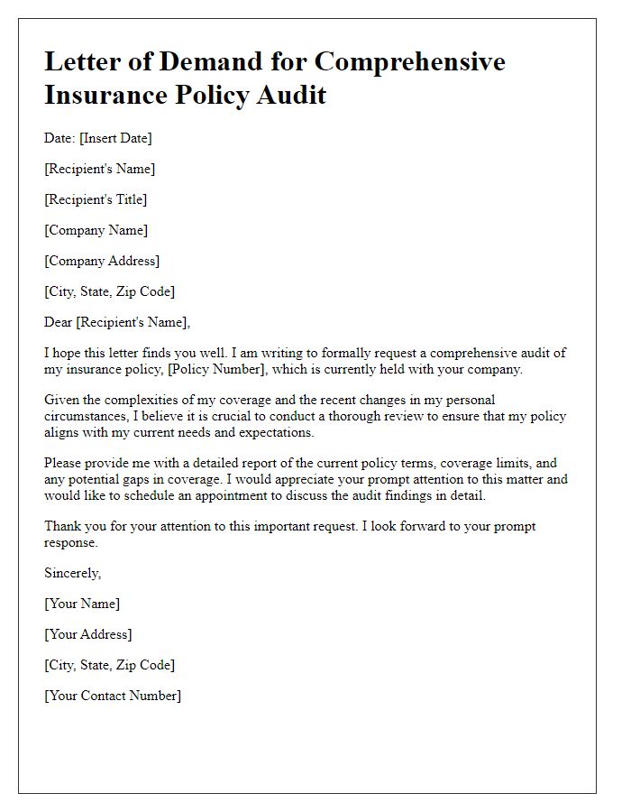 Letter template of demand for comprehensive insurance policy audit