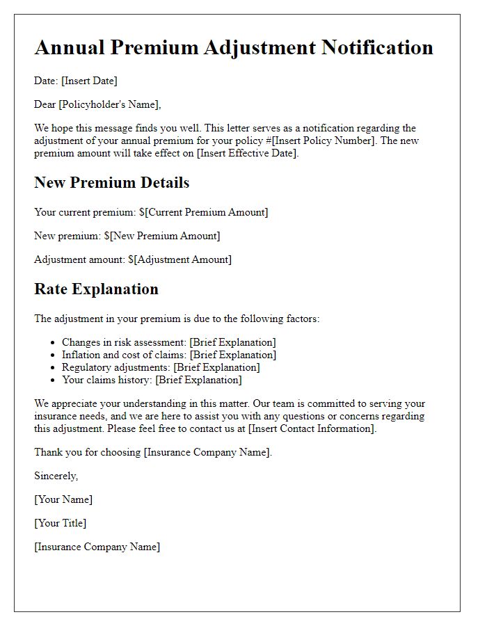 Letter template of annual premium adjustment notification with detailed rate explanation