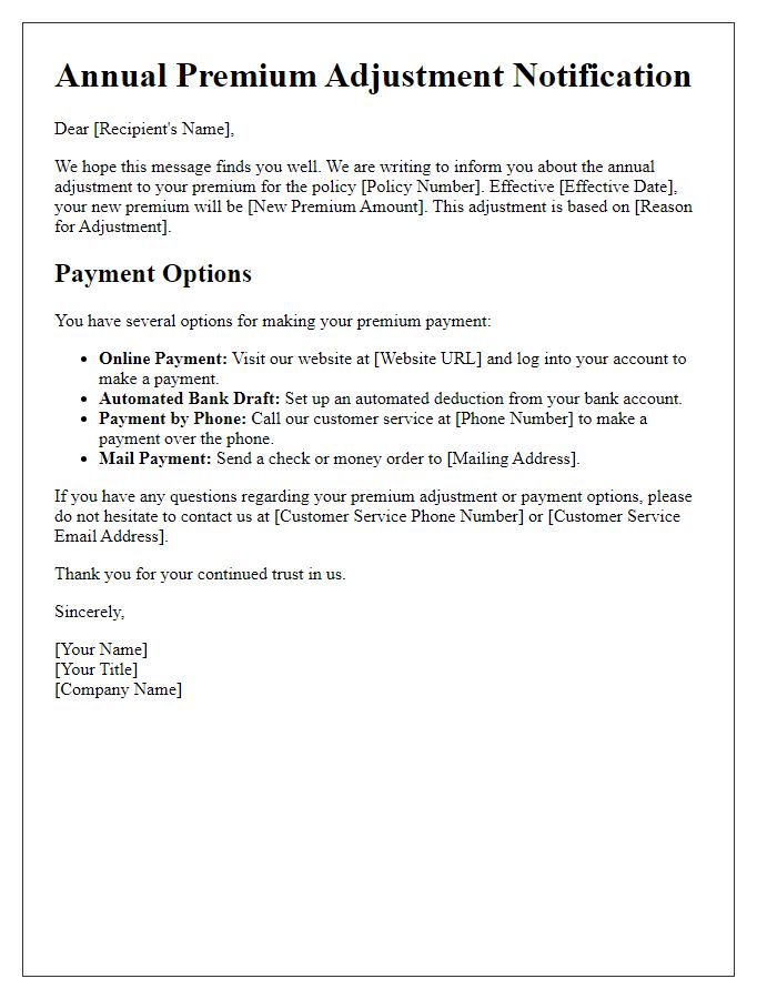 Letter template of annual premium adjustment notification including payment options