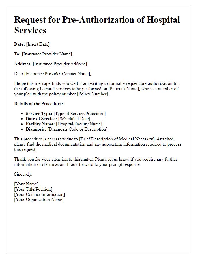 Letter template of assistance request for pre-authorization of hospital services