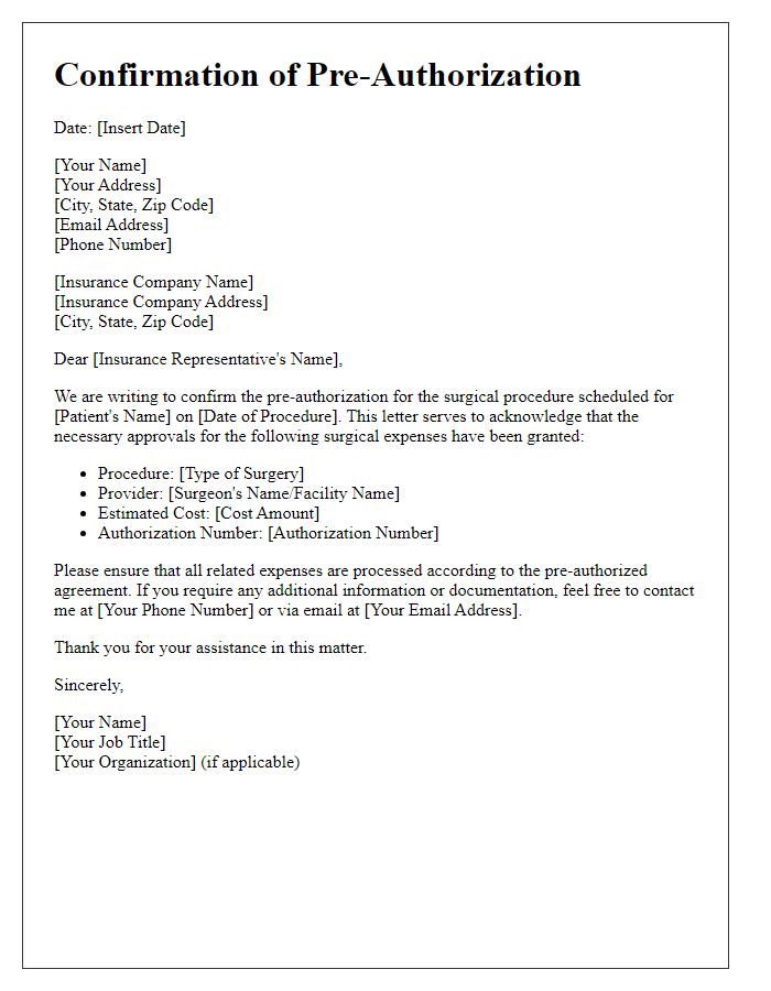 Letter template of confirmation for pre-authorization of surgical expenses