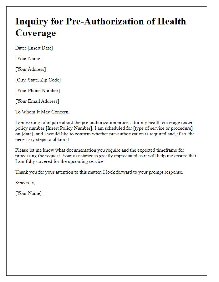 Letter template of inquiry for pre-authorization of health coverage