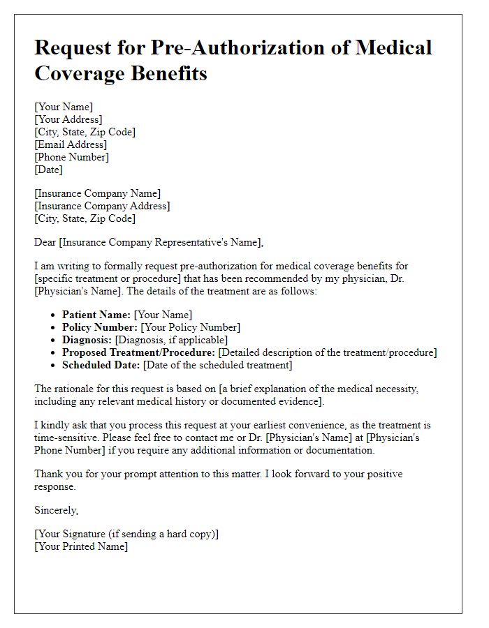 Letter template of request for pre-authorization of medical coverage benefits