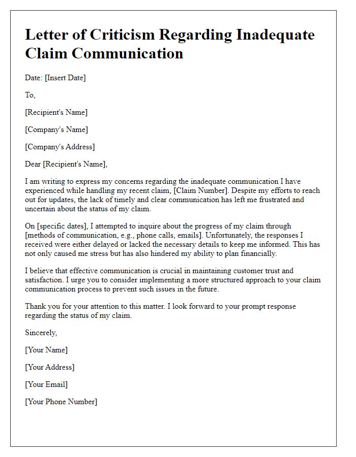 Letter template of criticism on inadequate claim communication