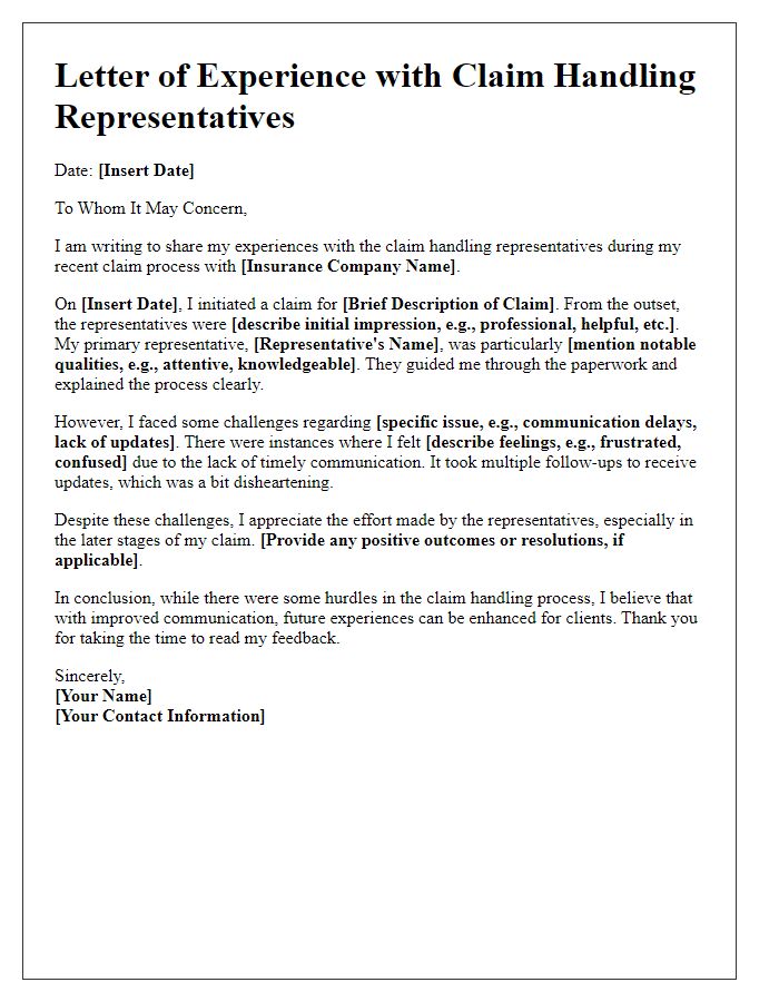 Letter template of experiences with claim handling representatives