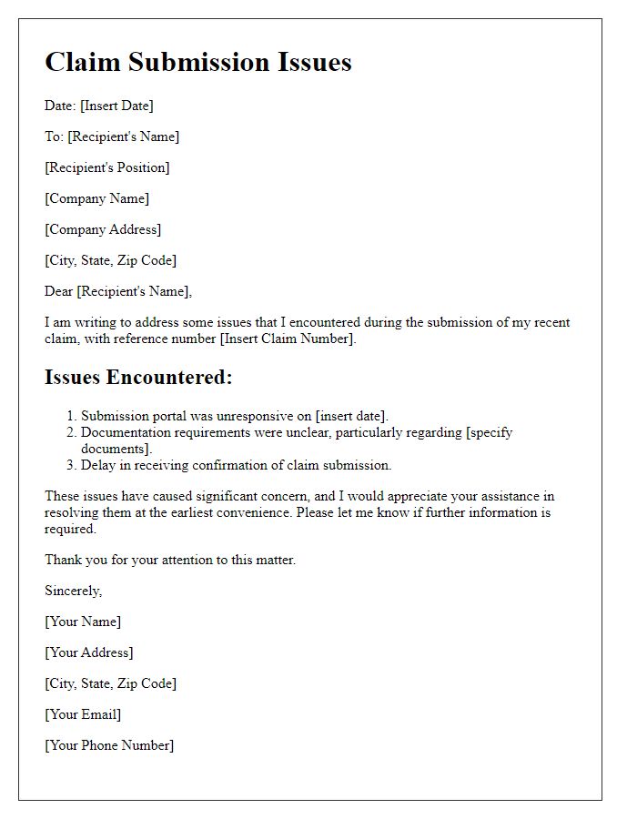 Letter template of issues encountered during claim submission