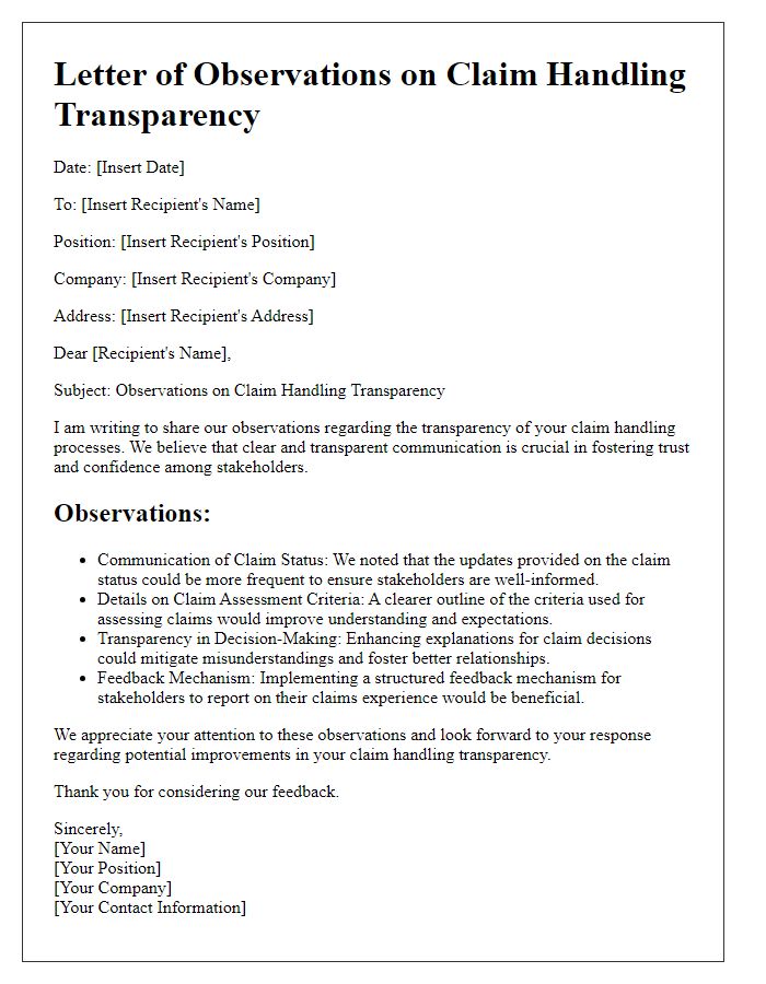 Letter template of observations on claim handling transparency