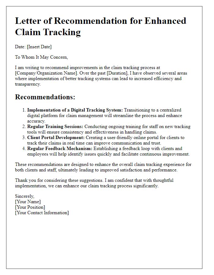 Letter template of recommendations for better claim tracking