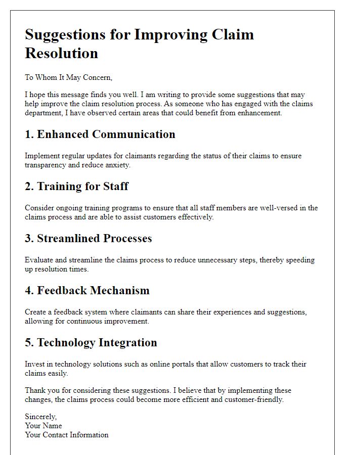 Letter template of suggestions to improve claim resolution