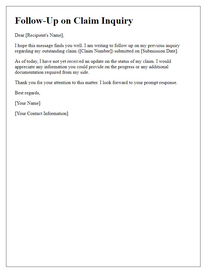 Letter template of follow-up on outstanding claim inquiries